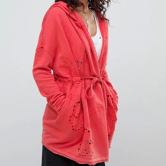 FREE PEOPLE SzS OH PRETTY DAZE EMBROIDERED HOODED KNIT CARDIGAN CORAL EUC - Picture 1 of 10